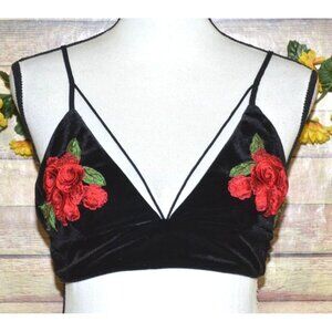 Forever 21 Black Velvet Bralette Bustier Top Juniors M Red Embroidered Roses